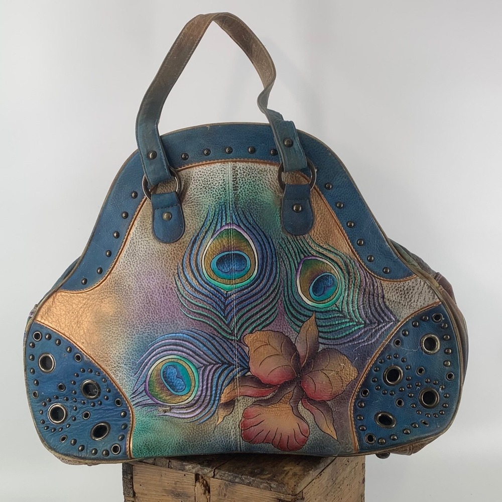 Anuschka Hand Painted Leather Peacock Satchel Bag Blue Bronze Floral Studded NWT